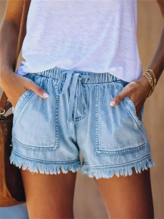 Drawstring Elastic Denim Shorts
