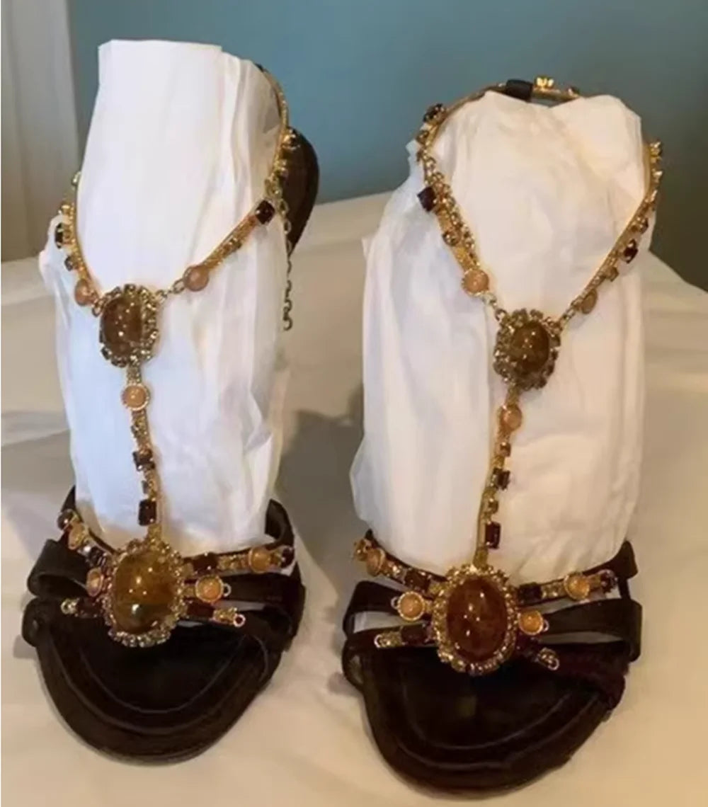 Black Satin Gold Beaded Stilettos