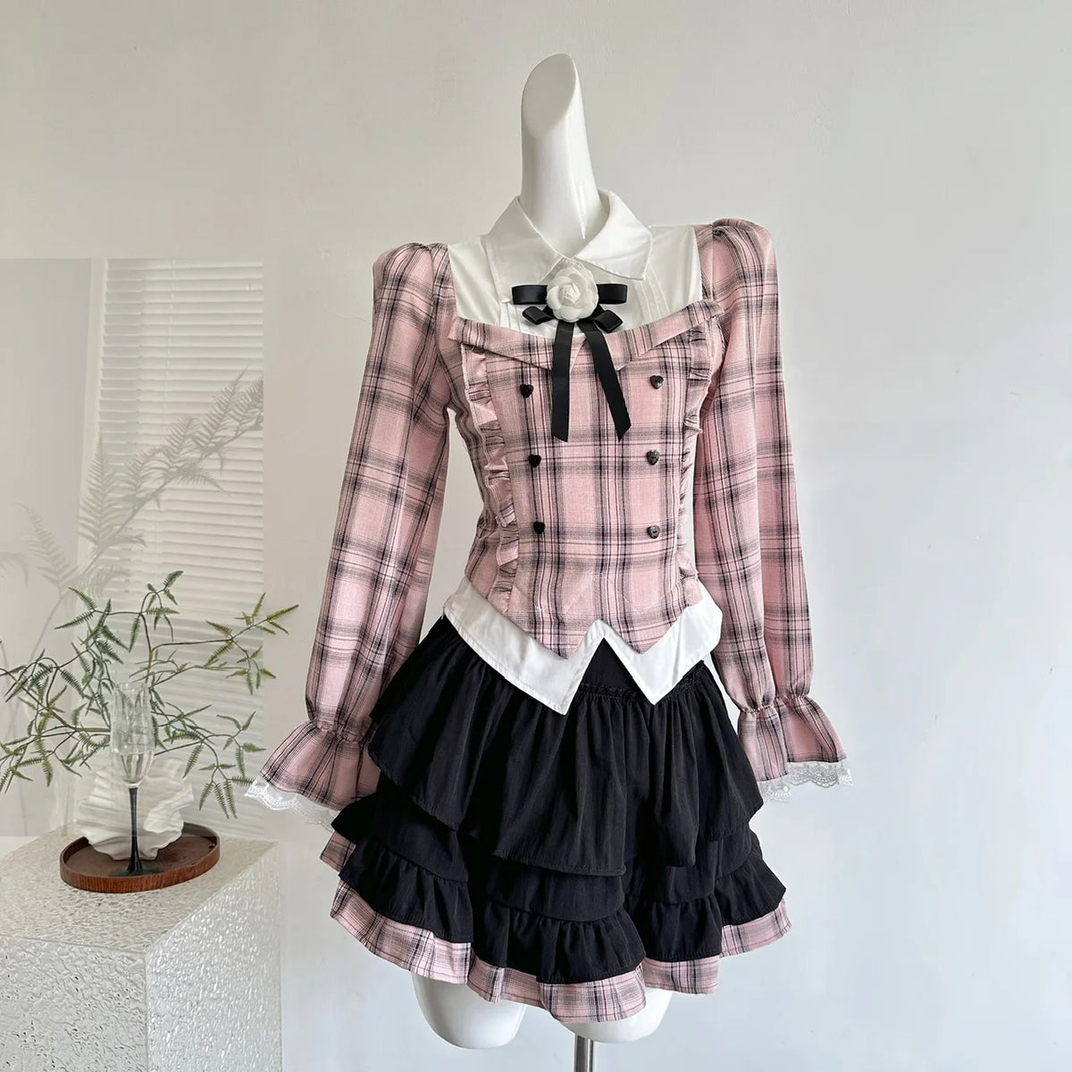 Pink Plaid Two Piece Uniform Set