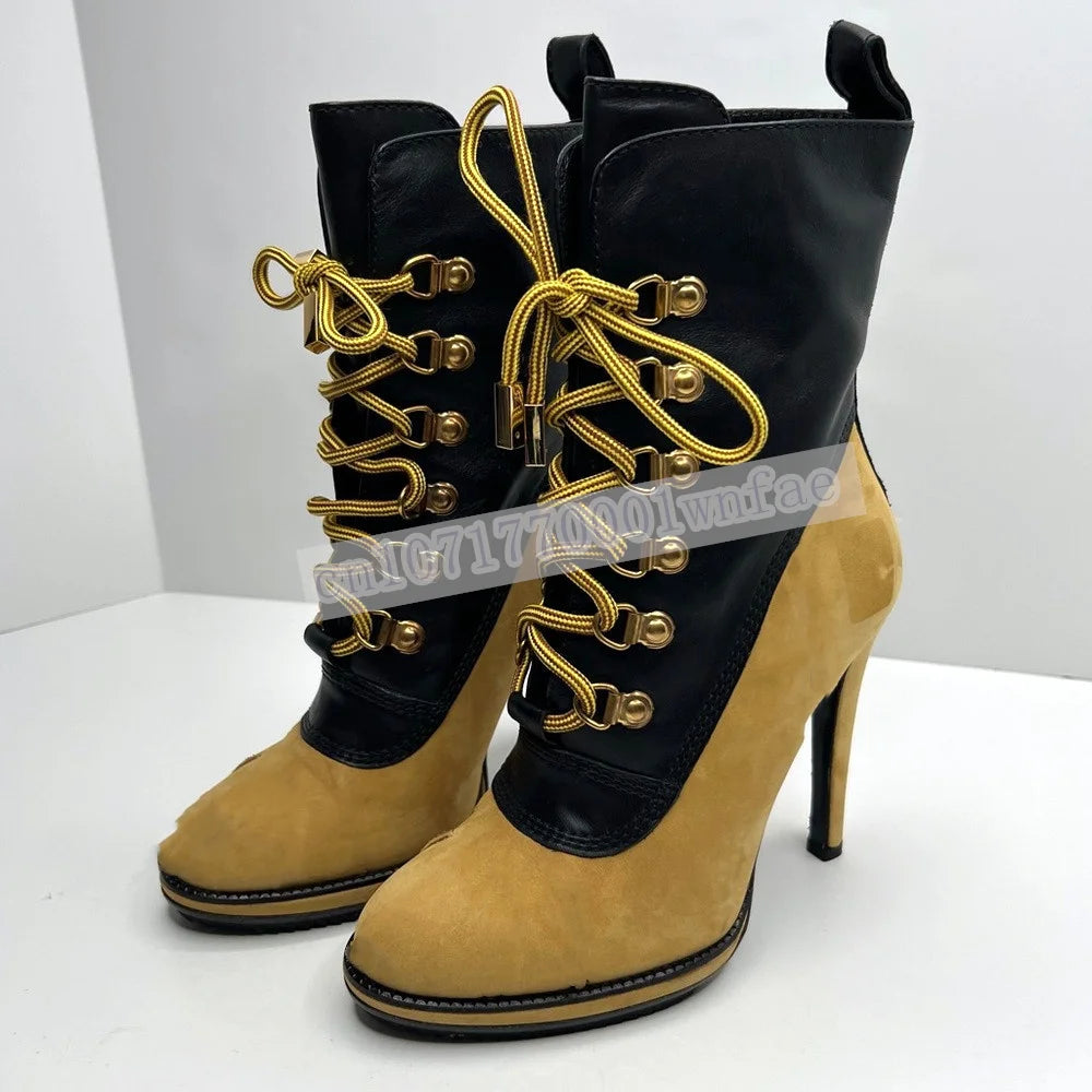 Lace Up Stiletto Heel Faux Leather Ankle Boots for Women