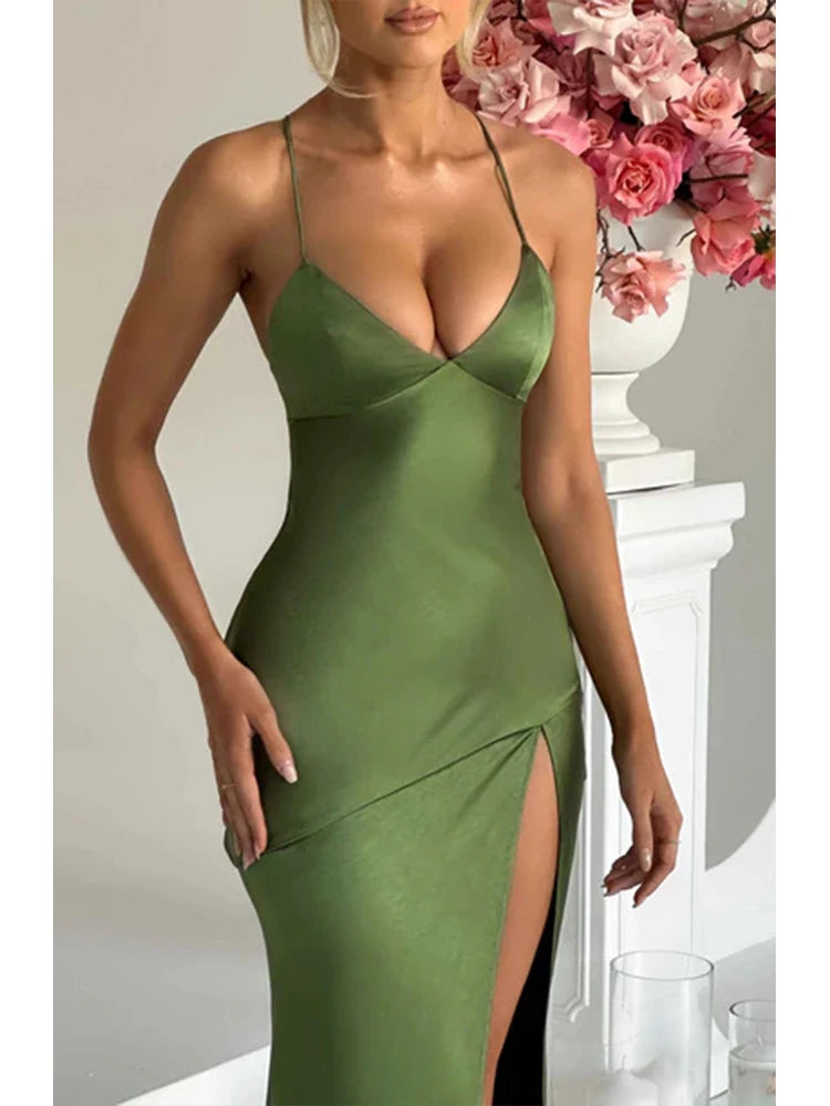 Elegant Backless Satin Maxi Dress With Lace Up For Women