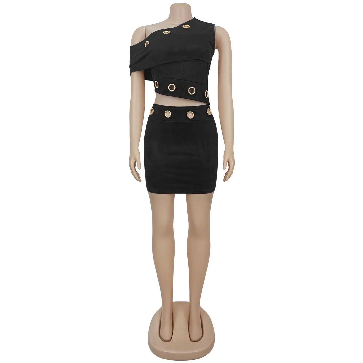Hollow Out Skew Collar Crop Top and Skirt Two Piece Set for Women