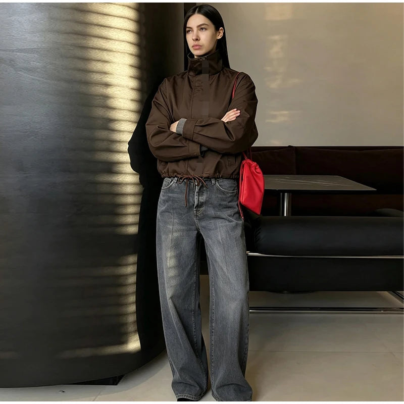 Casual Solid Jacket With Stand Collar And Pockets for Women