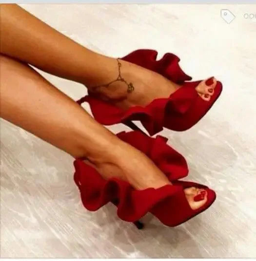 Red Ruffled Peep Toe Thin High Heel Sandals For Women