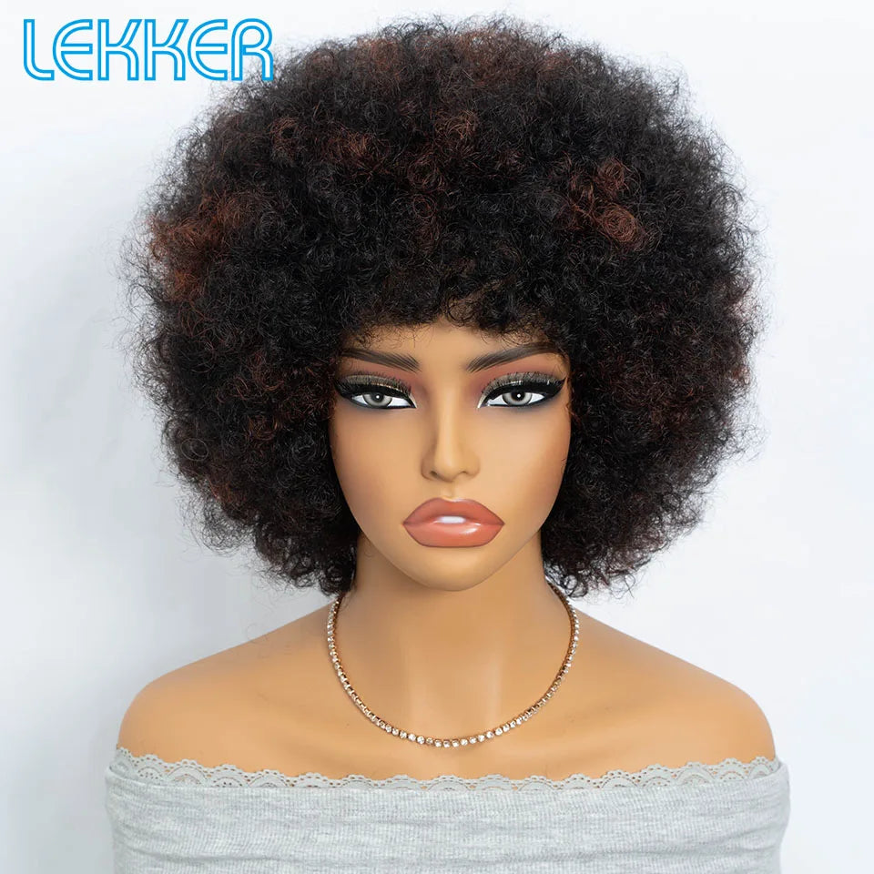 Human Hair Afro Kinky Curly Bob Wig with Glueless Cap for Women