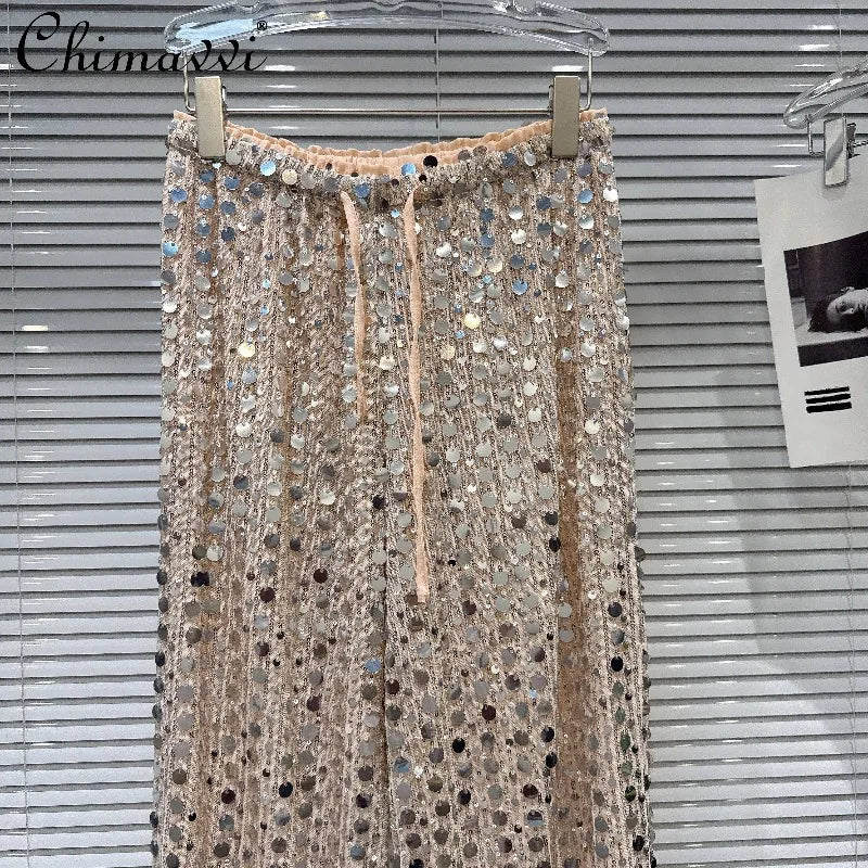 2026 Summer New Fashion Hot Girl Style Silver Sequin Tie-up Elastic Waist Pants - High Street Women's Versatile Casual Trousers