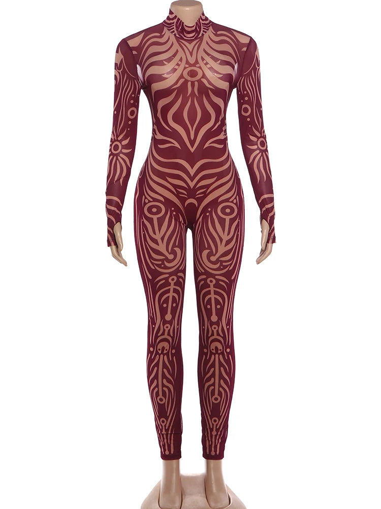 Striped Stretch Turtleneck Long Sleeve Jumpsuit for Women