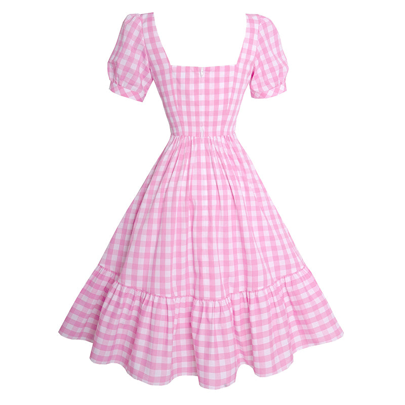 Vintage Pink Plaid Square Collar Puff Sleeve Midi Dress for Women
