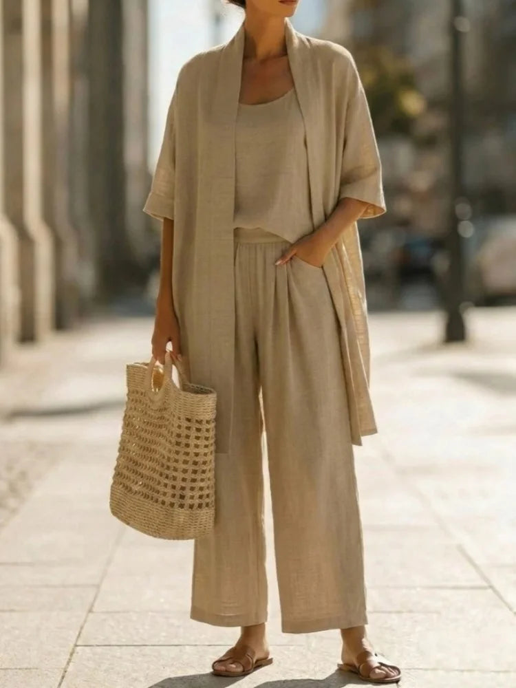 Casual Solid Cotton Linen Wide Leg Three Piece Set for Women