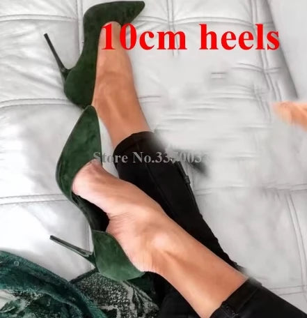 Elegant Dark Green Suede Pointed Toe Stiletto Pumps for Women