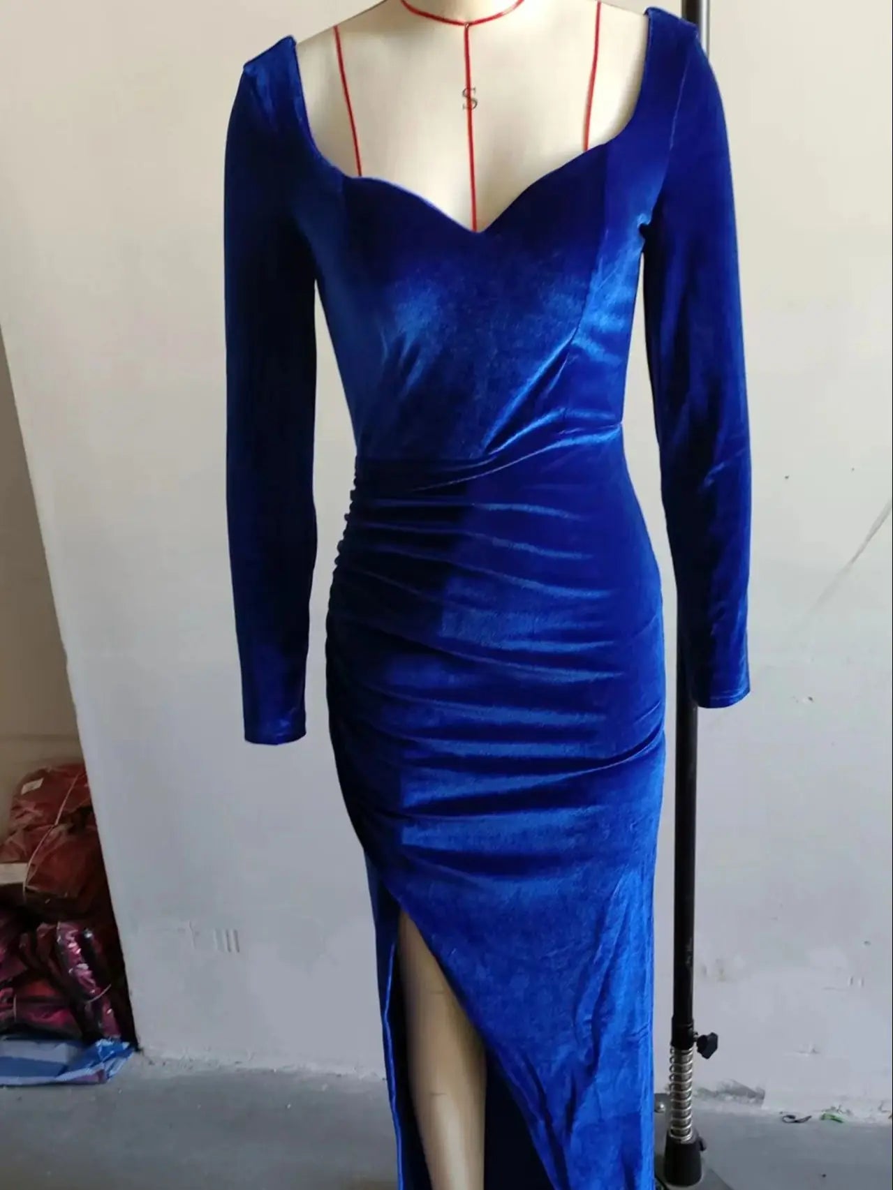 Missord Wine Velvet Party Dress Women Long Sleeve U Neck Thigh Split Prom Evening Dresses Elegant Winter Christmas Gown