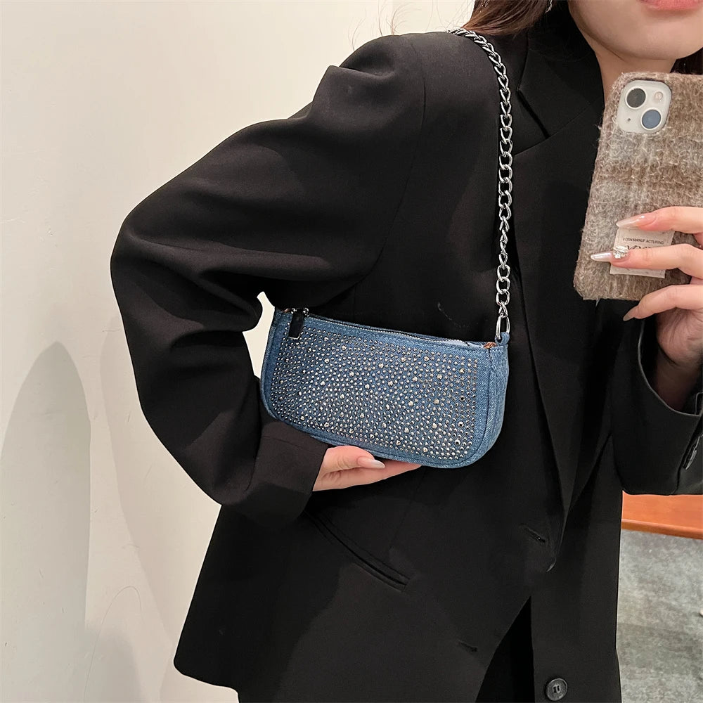 Rhinestone Appliqued Chain Shoulder Crossbody Bags for Women