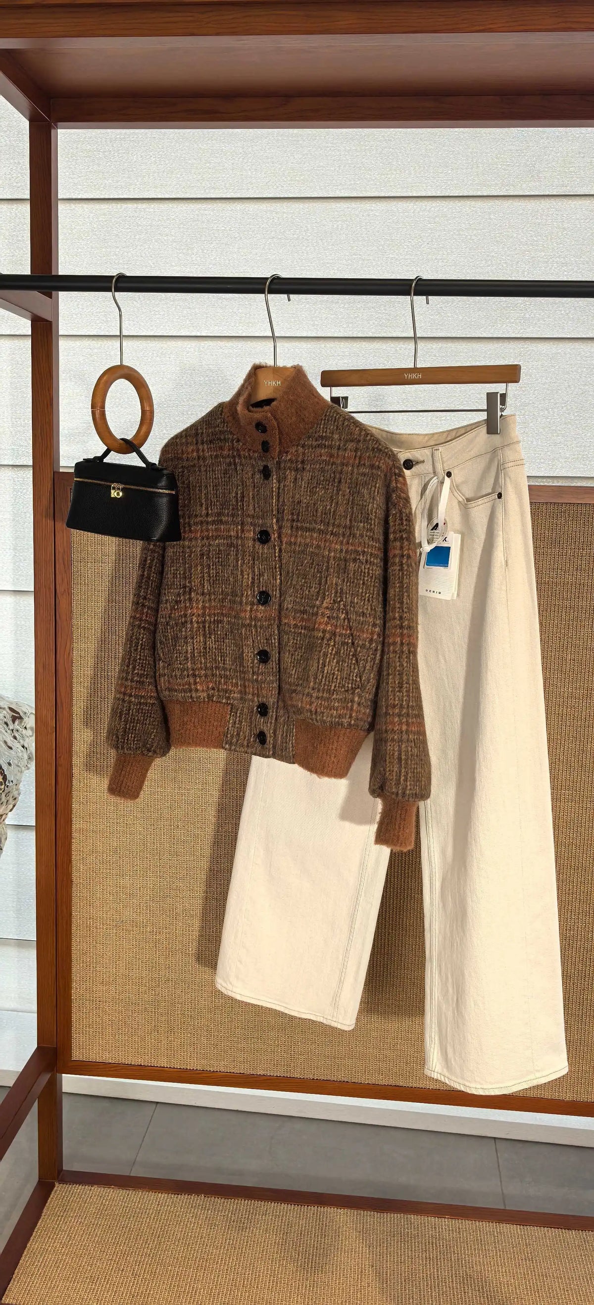 Vintage Plaid Wool Blend Stand Collar Jacket for Women
