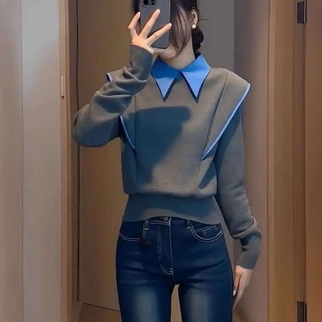 Simulated Two Piece Contrast Patchwork Long Sleeve Shirt for Women