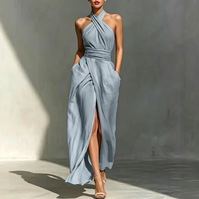 Criss Cross Halter Ruched Slit Maxi Dress for Women