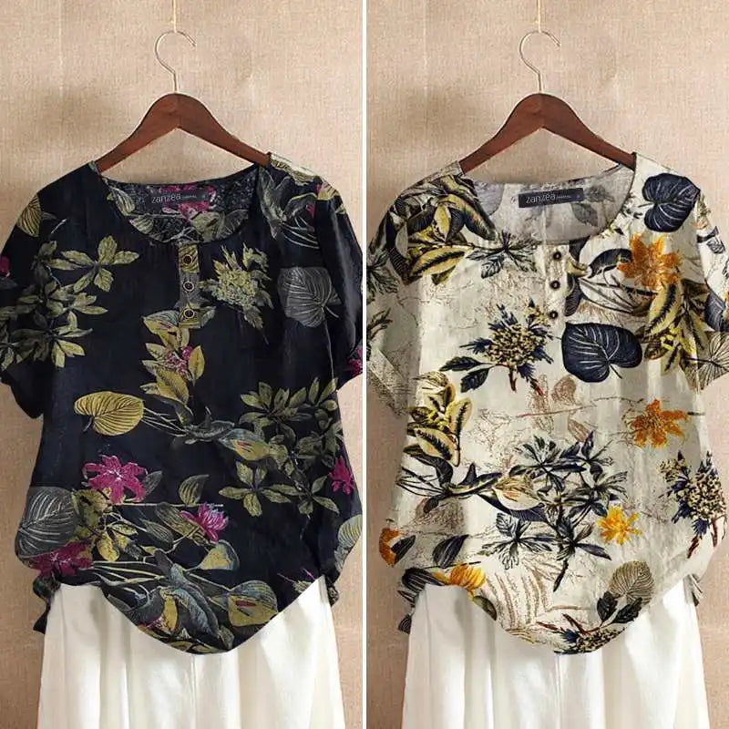 ZANZEA Women Cotton Shirt Fashion Floral Printed Tops Ladies Kaftan Chemise 2024 Summer Short Sleeve Blouses Causal O-neck Tunic