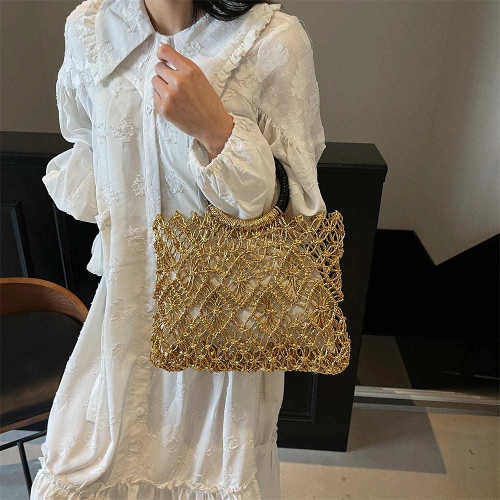 Eco Friendly Woven Round Handle Hollow Out Craft Paper Handbag for Women