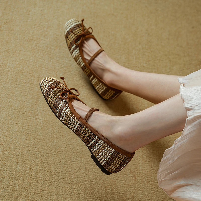 All Day Comfort Textured Woven Bowtie Ballet Flats for Women