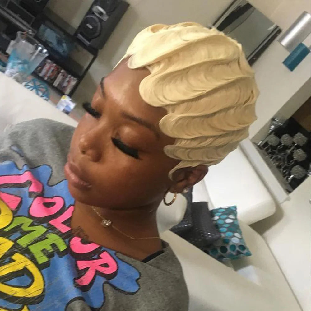 Blonde Finger Wave Pixie Cut Human Hair Wig For Women