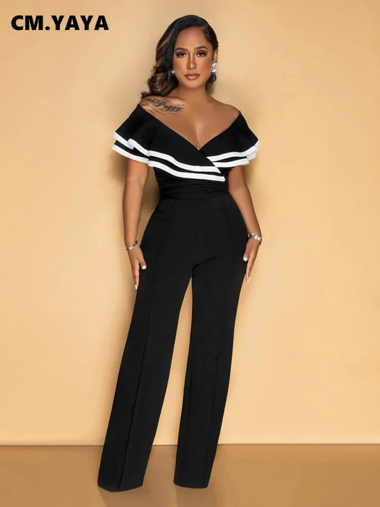 CM.YAYA Women V-neck Off Shoulder Ruffles Wide Leg Jumpsuits 2024 Summer Fashion Sexy Party Playsuit One Piece Suit Rompers