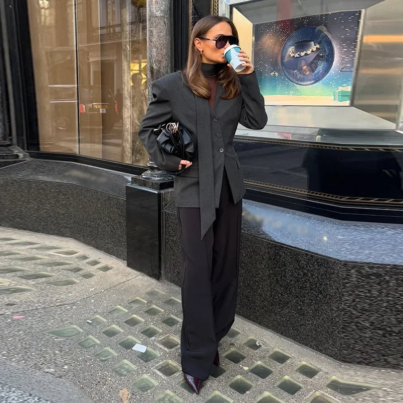 Elegant Slim V-Neck Scarf Trim Blazer Coat for Women