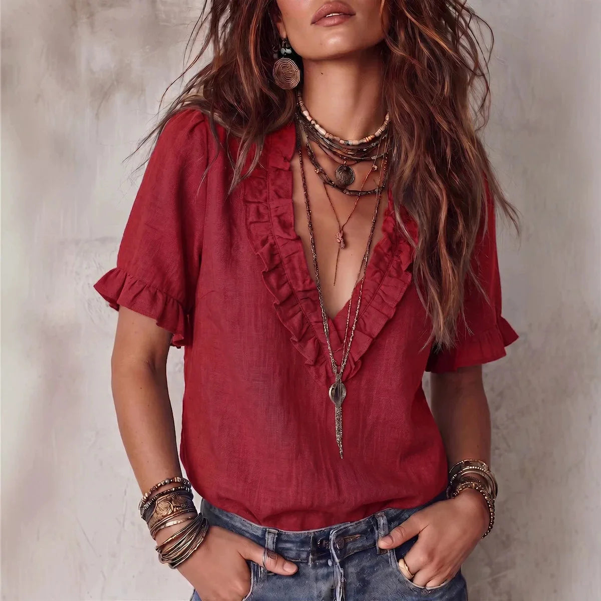 Soft V-Neck Ruffle Short Sleeve Loose Blouse for Women