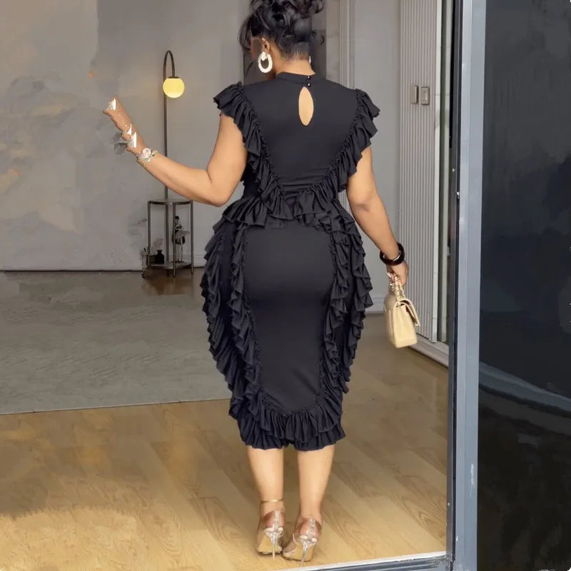 Vintage Ruffle Trim Sleeveless Midi Dress For Women