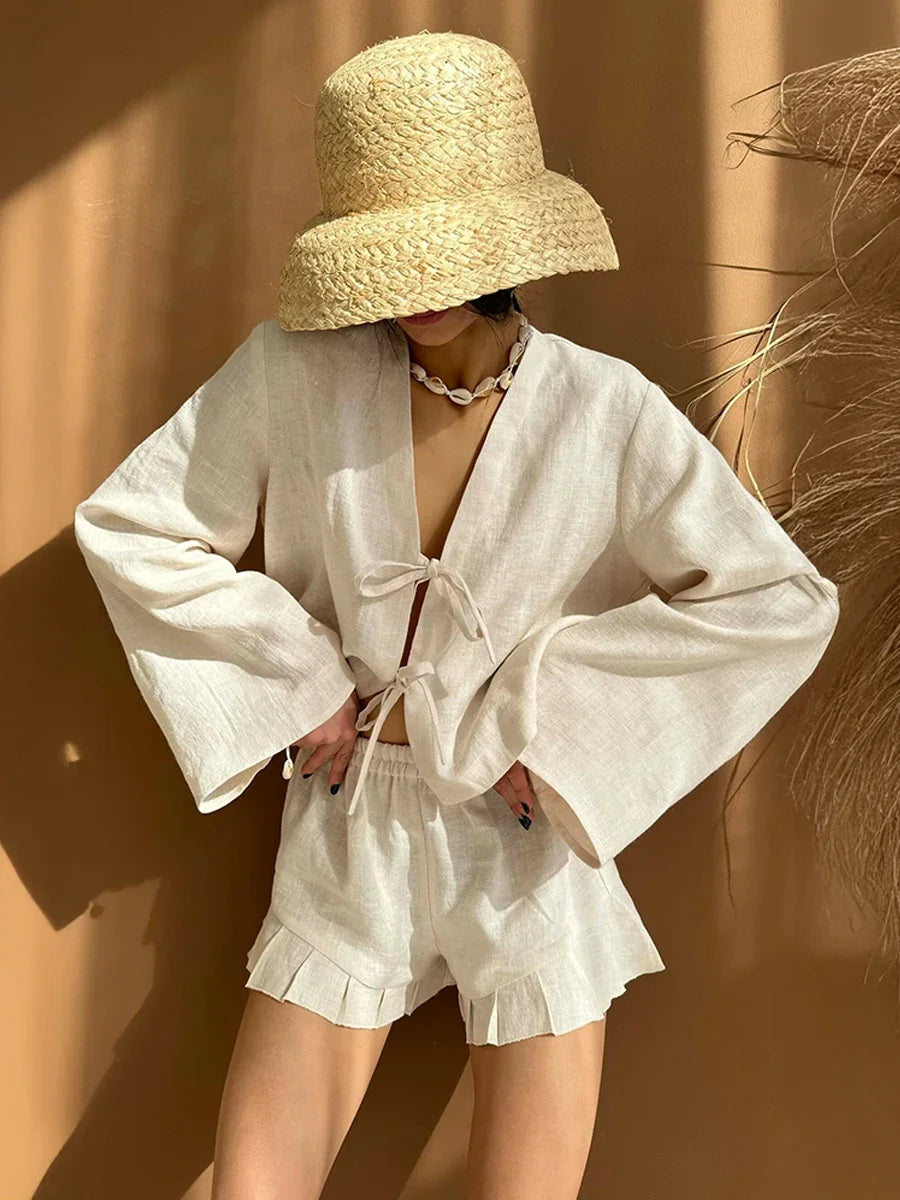 Cotton V Neck Long Sleeve Loose Casual Two Piece Shorts Set For Women