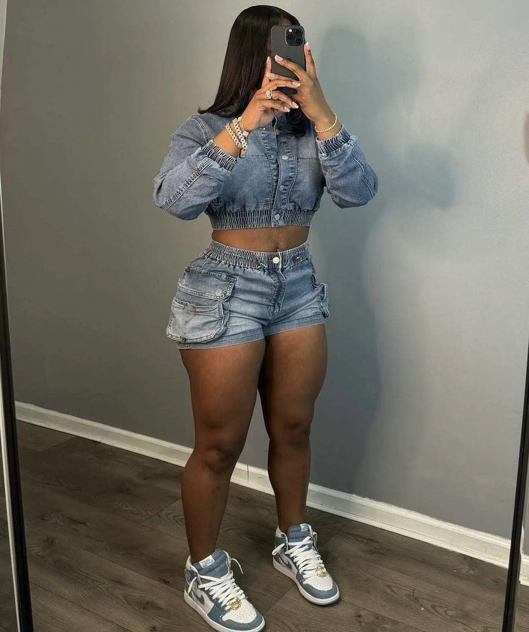 Summer Stretch Two-Piece Denim Shorts Set for Women