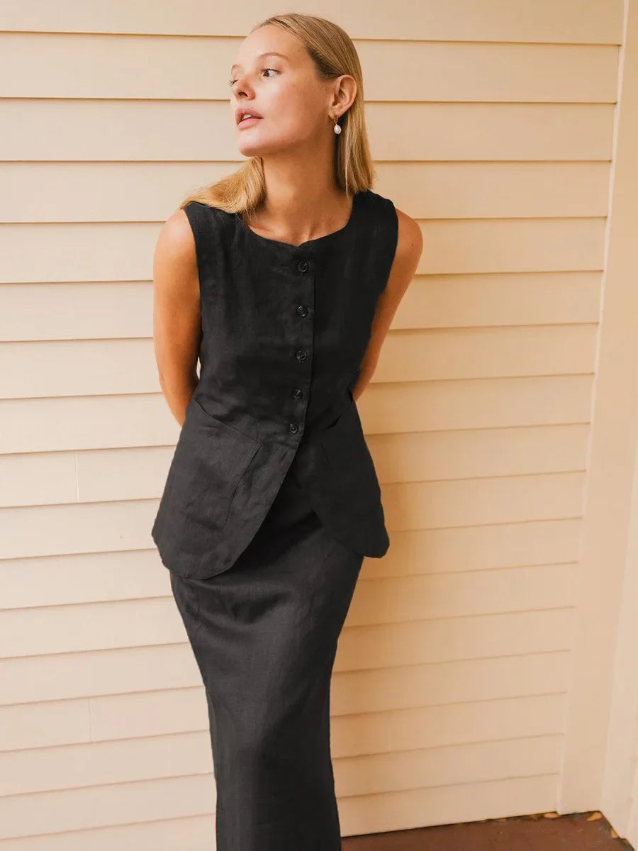 Breathable Linen High Waist Vest And Skirt Set For Women