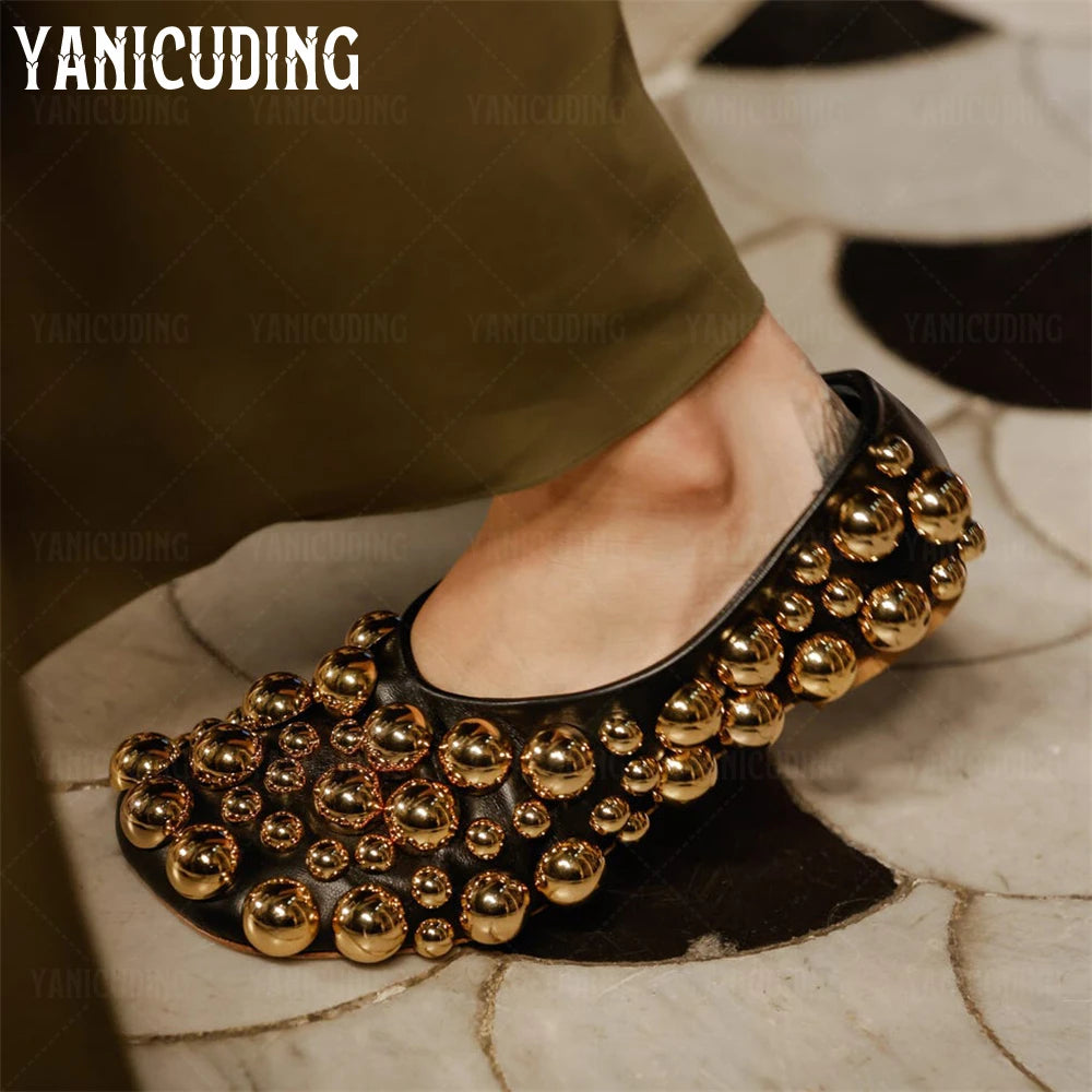Metallic Stud Embellished Square Toe Ballet Flats for Women
