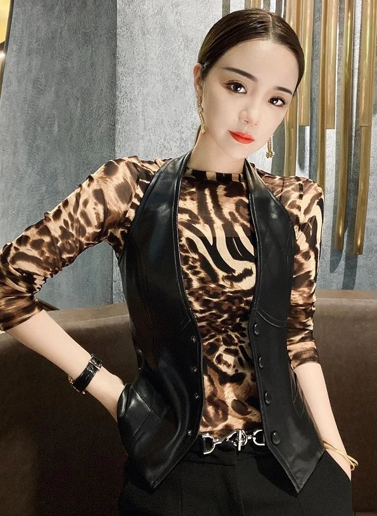 Top Female Mesh Leopard Print Women's Long Sleeve T-shirt Mature Spring Autumn Sexy Korean Reviews Many Clothes Japanese Vintage