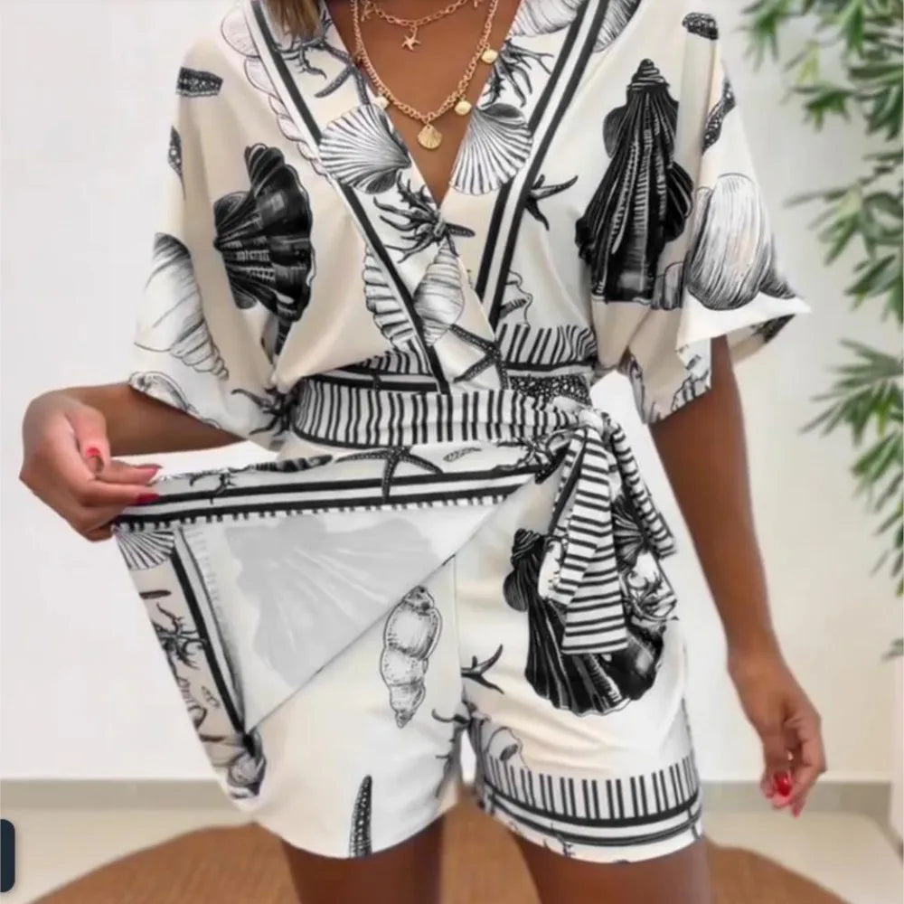 Seashell Starfish Print Wrap V Neck Short Sleeve Lace Up Romper for Women
