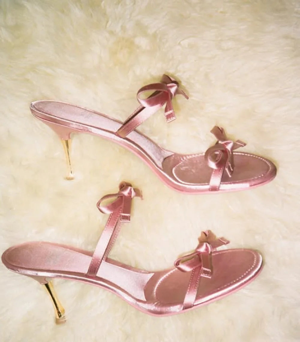 Blush Satin Gold Bow Stiletto Mules