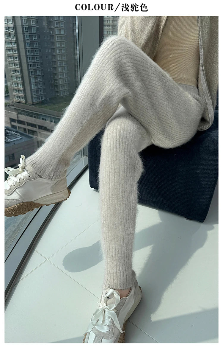 Warm Knit Elastic Waist Slim Fit Trousers for Women