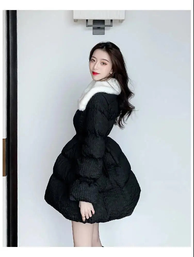 Women Cotton Padded Jacket Coat Female Winter Student Clothing Big Fur Collar Fashionable Medium To Long Parkas
