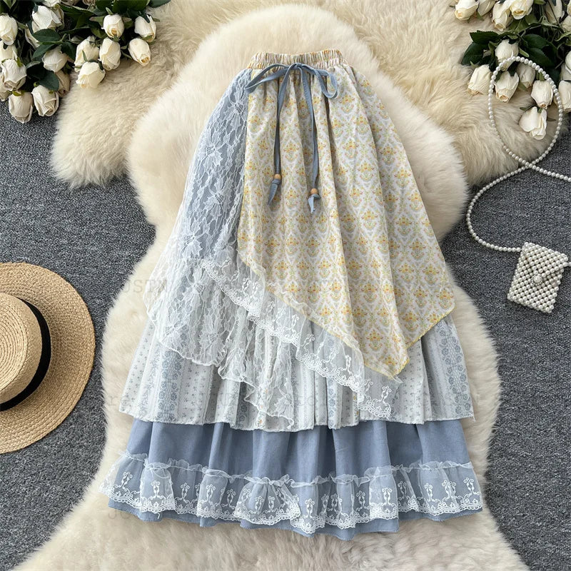 High-Waist Patchwork Lace-Up Skirt