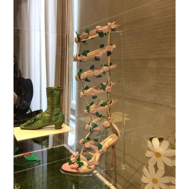 Pink Floral Hollow Buckle Strap Heeled Boots for Women