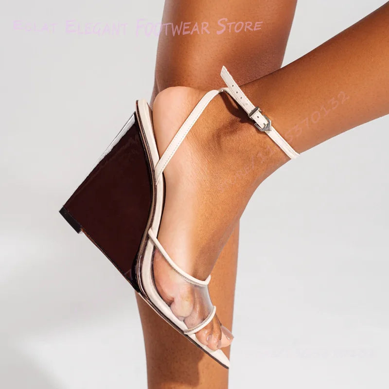 Striped Pony Hair Pointed Toe Crystal Buckle Wedge Sandals For Women