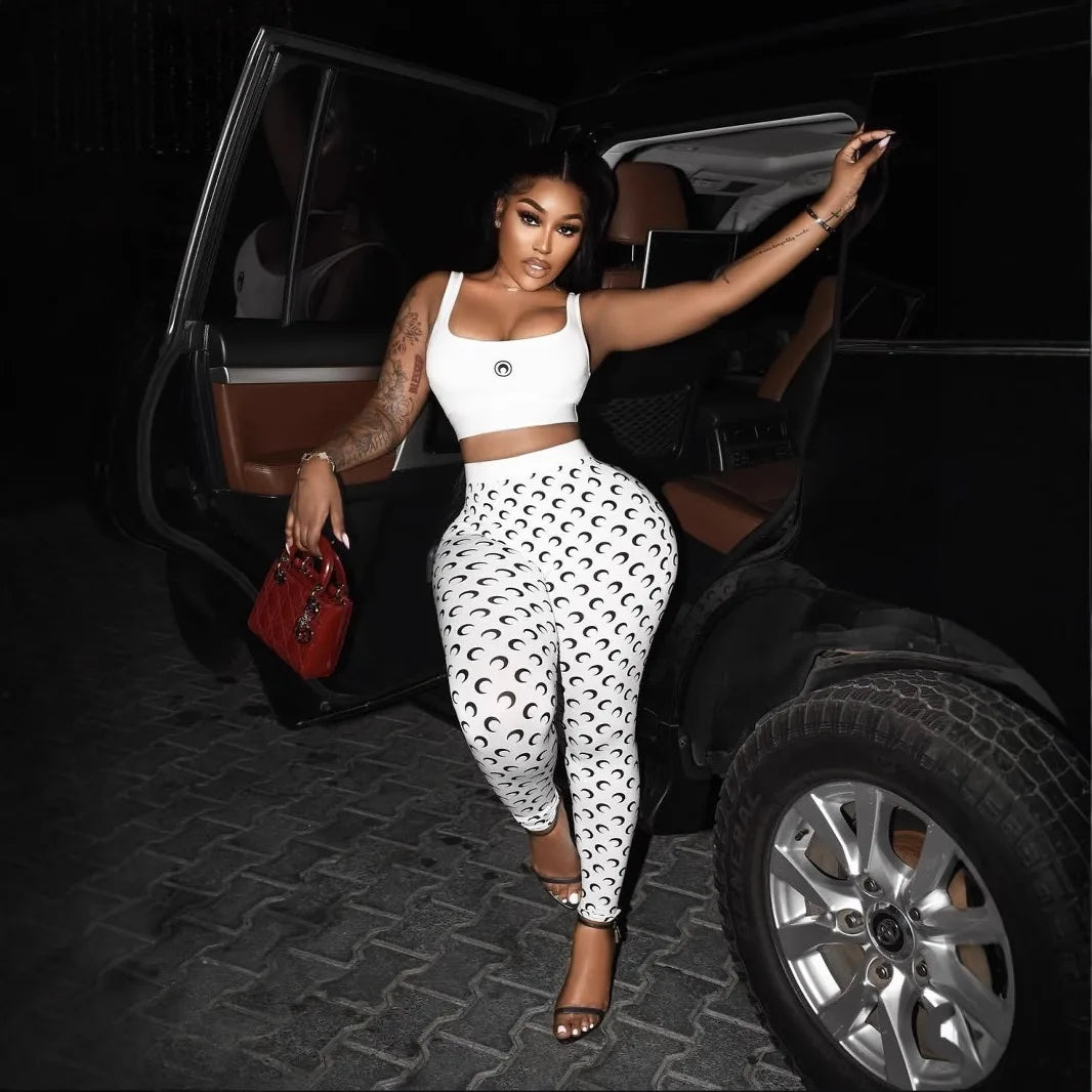 Y2K Crescent Print Slim Fit Two Piece Pants Set for Women