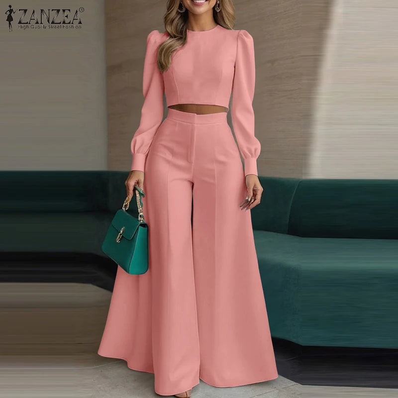 2025 Autumn Pant Sets ZANZEA Fashion 2PCS Women Outfits Solid Tracksuits Suit Long Sleeve Blouses Wide Leg Trousers 2 Piece Set