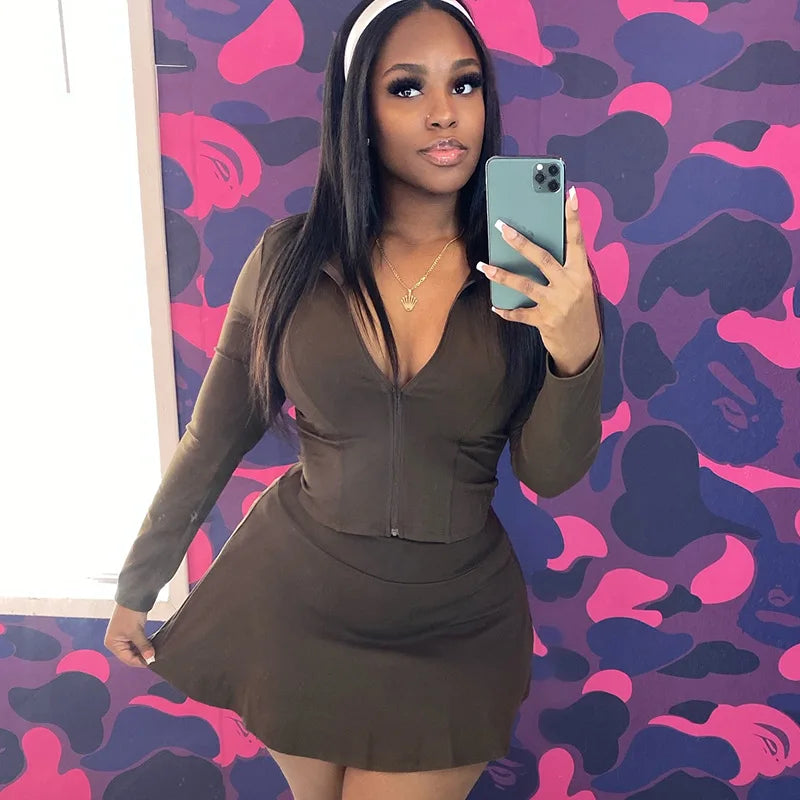 FAGADOER Sexy Sporty 2 Pieces Set for Woman Zipper Long Sleeve Jacket Tops + Pleated Skirts Tracksuits Female Streetwear 2025