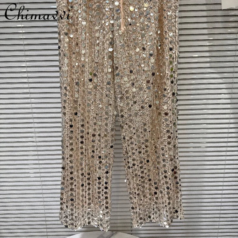 2026 Summer New Fashion Hot Girl Style Silver Sequin Tie-up Elastic Waist Pants - High Street Women's Versatile Casual Trousers