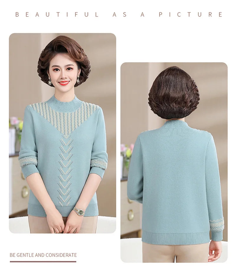2025 Autumn New Mom's Velvet And Warm Knitted Embroidered Bottom Shirts Imitation Mink Fleece Winter Inner Plsh Thick Pullover