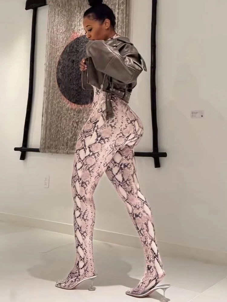Snake Print Long Sleeve Zip Up Stretch Jumpsuit for Women