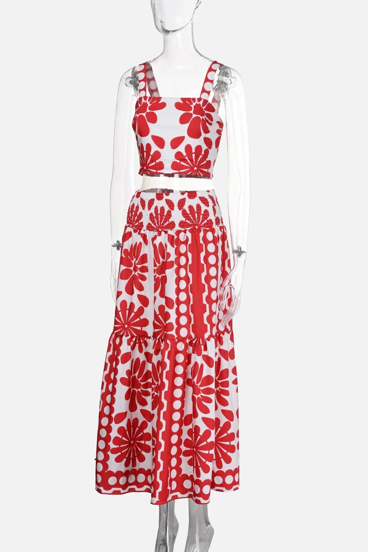 Boho Backless Vintage Print Cami Top And Maxi Skirt Set for Women
