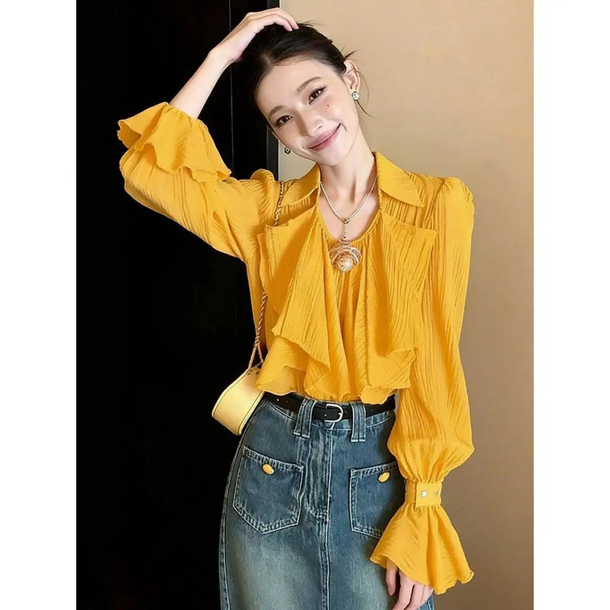 French Niche Ruffle Detail Loose Fit Shirt in Yellow for Women