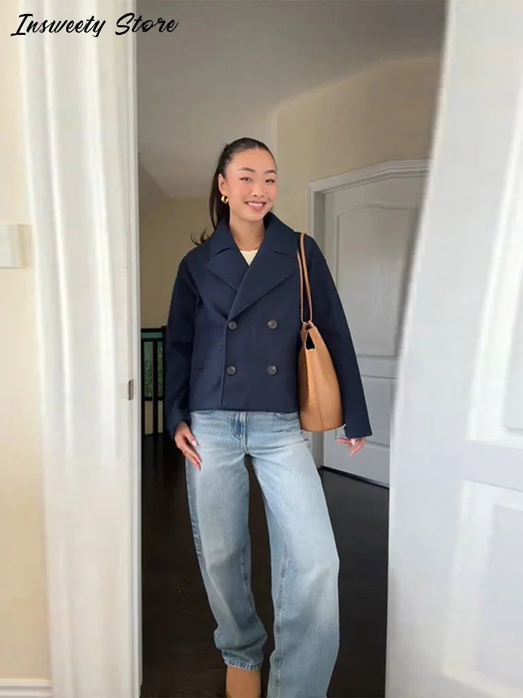 Double Breasted Cropped Jacket With Turn Down Collar for Women