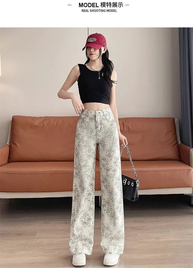 High Rise Wide Leg Printed Denim Pants For Women