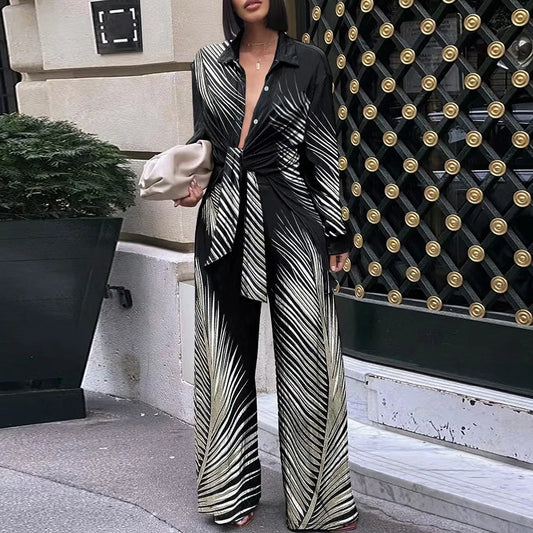 Striped Blouse And Pants Two Piece Outfit Set for Women